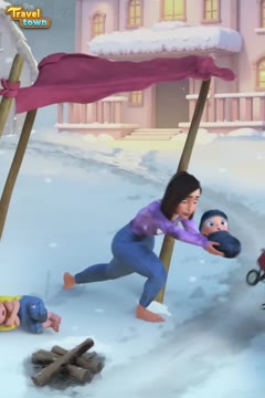 Travel Town ad frame, mother and child in the snow
