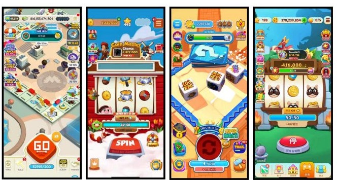 Social board game UI examples showing roll spin reward and construction loops