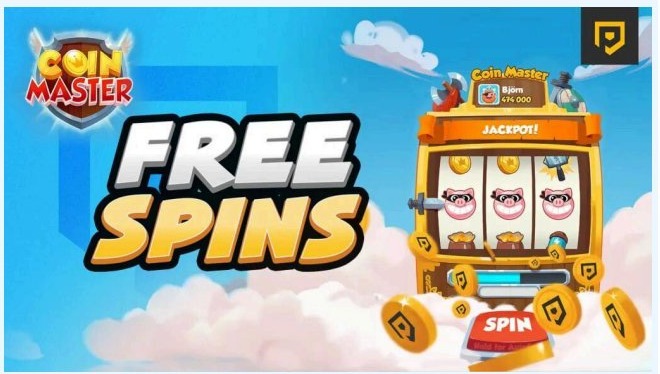 Coin Master free spins ad example with slot machine and coin reward framing