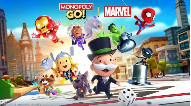 MONOPOLY GO collaboration creative example with Marvel characters on a board-game street
