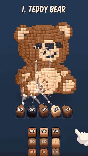 Cube Land Puzzle Game showing tubes draining colored blocks from a 3D voxel teddy bear