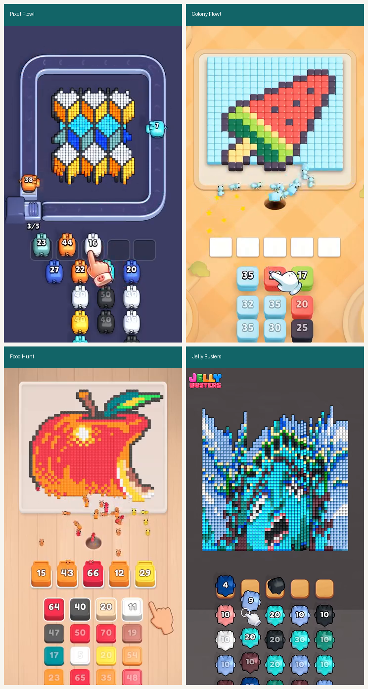 Frame from four puzzle game creatives, all showing a canvas above a five-slot strip above a color panel
