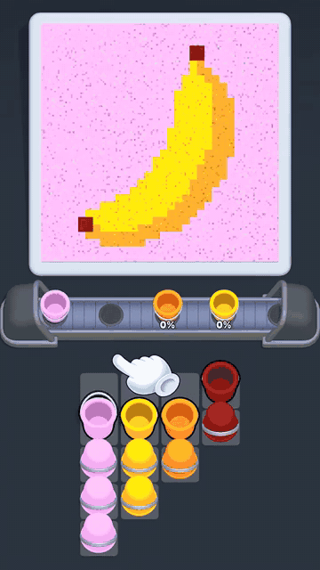 Sand Loop gameplay showing pink sand collapsing to reveal a banana shape