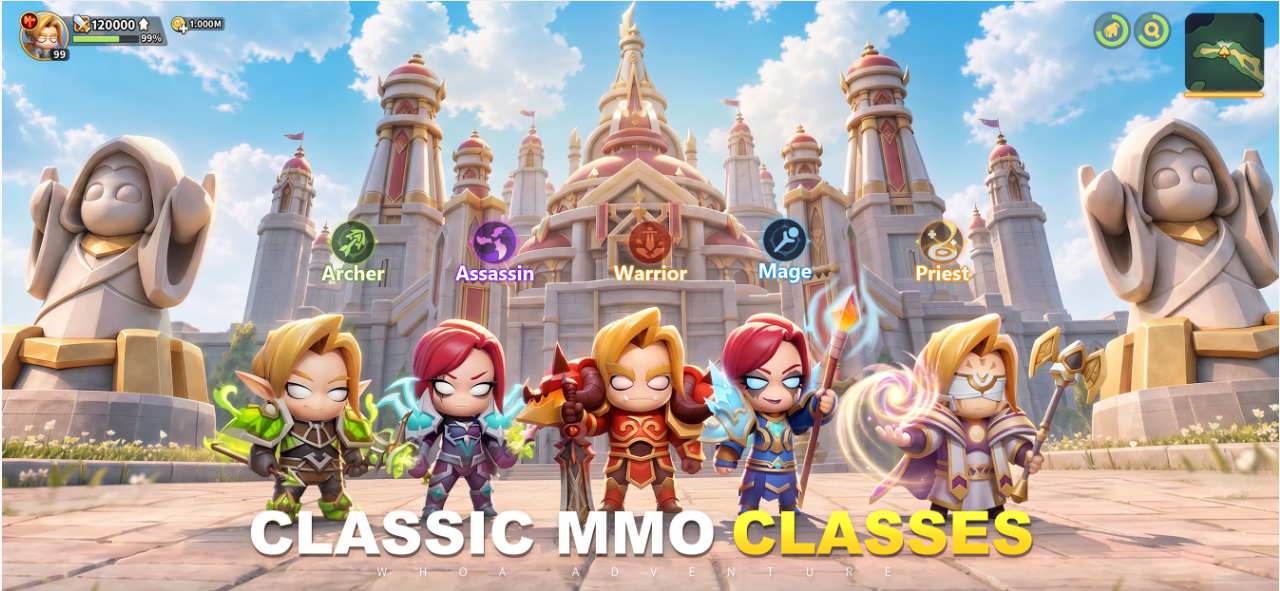Whoa Adventure promotional image showing the archer, assassin, warrior, mage, and priest classes in front of a fantasy castle.
