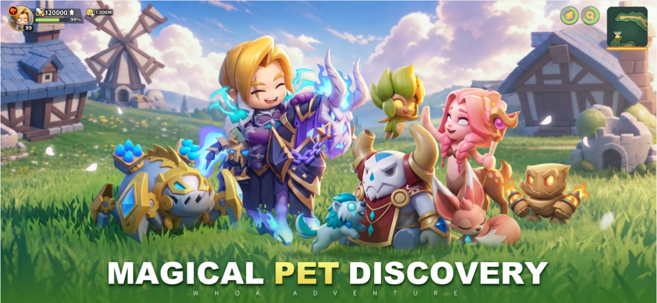 Whoa Adventure promotional image showing two chibi heroes surrounded by collectible fantasy pets in a grassy village.
