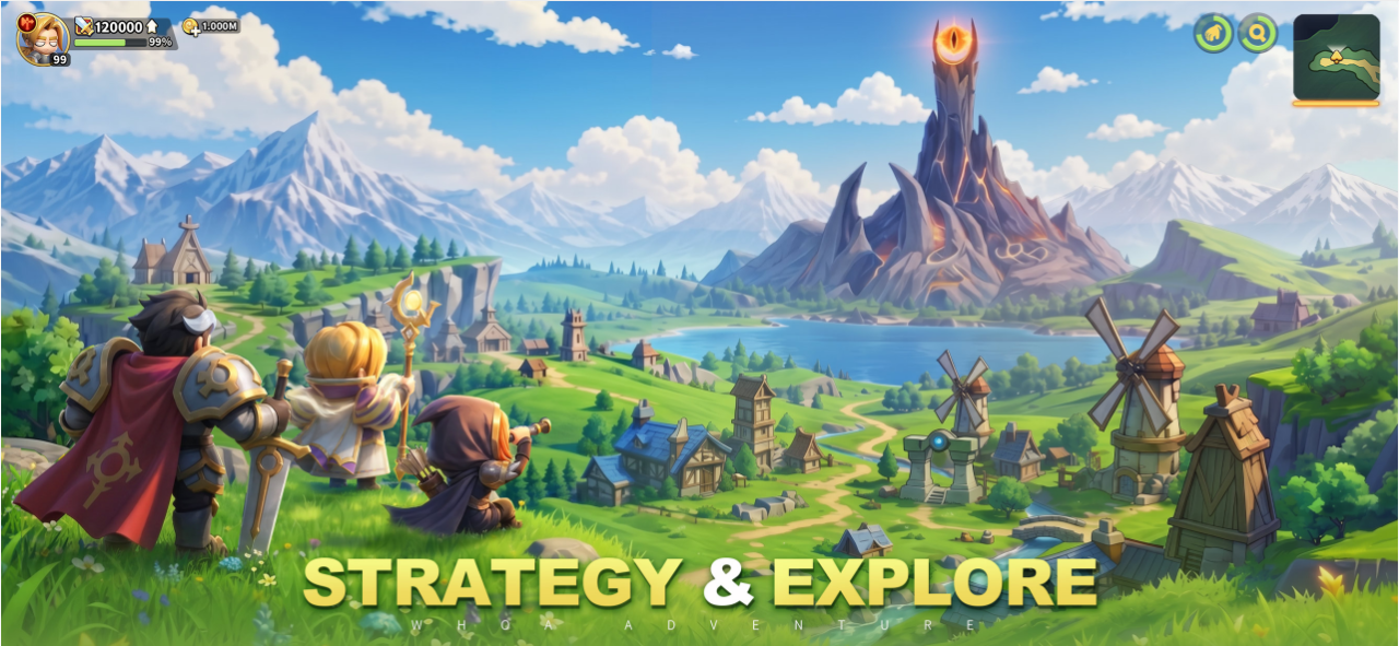 Whoa Adventure promotional image showing a party overlooking villages, mountains, a lake, and a volcanic landmark on the game world map.