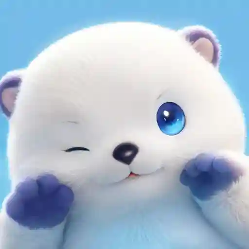 Aniimo ad creative: a winking fluffy white creature with one blue eye and purple paws on a light-blue background