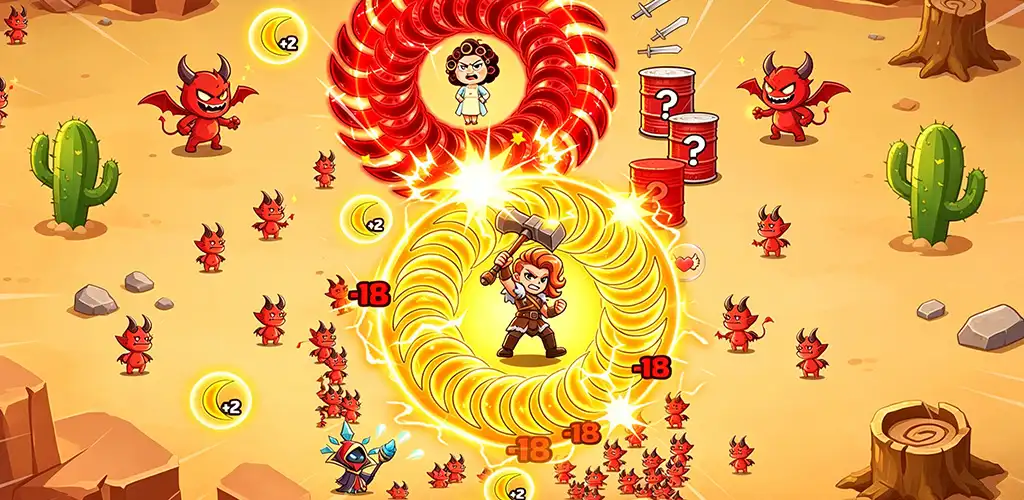 Last Echo static image ad: cartoon hero with a hammer inside a glowing golden spiral on a desert field, surrounded by red devils with minus-18 damage numbers, x2 coin bubbles, question-mark barrels and a red vortex
