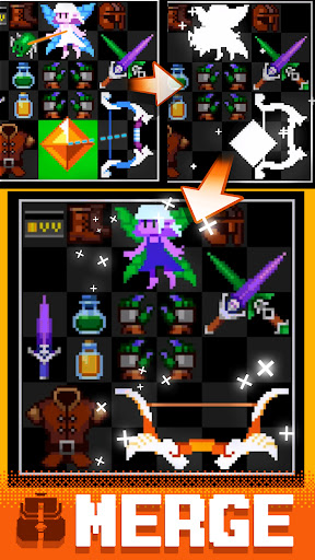 Overgeared Hero playable ad preview: the shop-and-backpack interface with pixel gear icons arranged on the grid