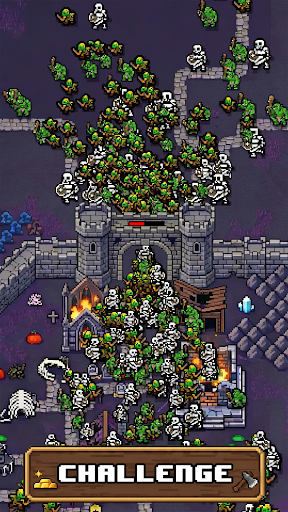 Preview frame of the highest-heat Crownstone Survival AppLovin playable, showing a pixel castle gate swarmed by skeletons above a CHALLENGE button