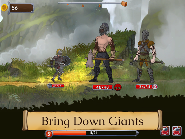 Delivered frame from an Obsidian Knight RPG playable ad: a hand-drawn side-scrolling arena with three fighters on a grass platform, chunky health bars and a parchment banner reading Bring Down Giants
