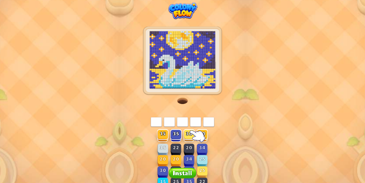 Colony Flow playable creative with swan pixel pattern, finger guide, and Install button