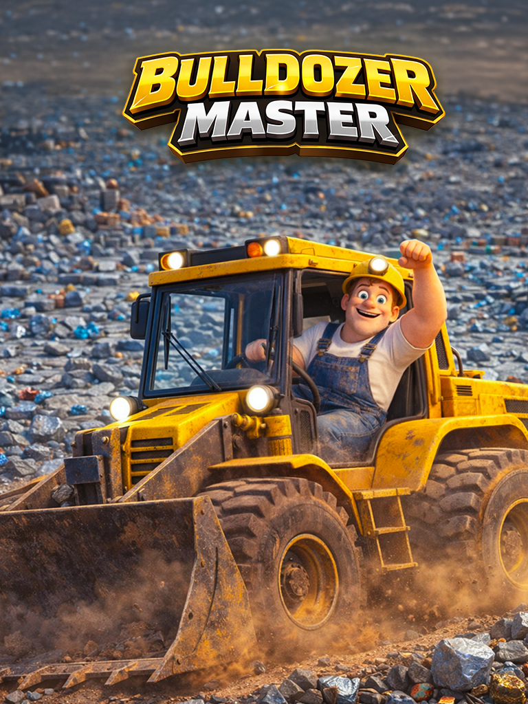 Bulldozer Master Meta static ad: character key art of a miner in overalls beside a yellow bulldozer, shipped with unfilled template variables as title and body text