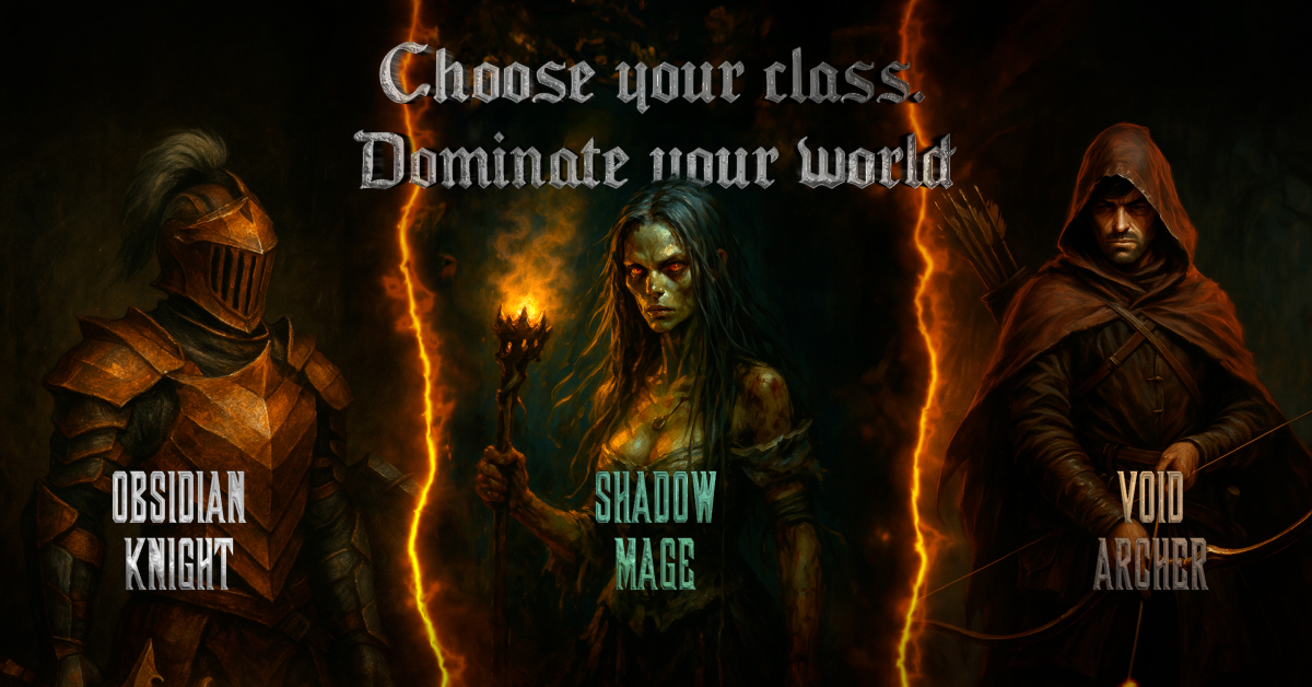 Obsidian Knight RPG image ad: three fantasy classes labeled Obsidian Knight, Shadow Mage and Void Archer under the line Choose your class. Dominate your world