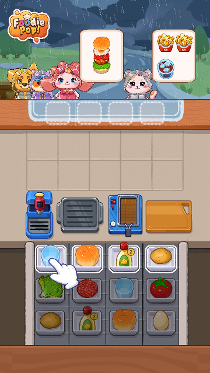 Foodie Pop! playable ad for Unity: opening frame showing an outdoor counter under a dark rainy sky, the Foodie Pop! logo in the top-left corner, three animal customers holding order cards, and a five-column ingredient board with a white hand cursor